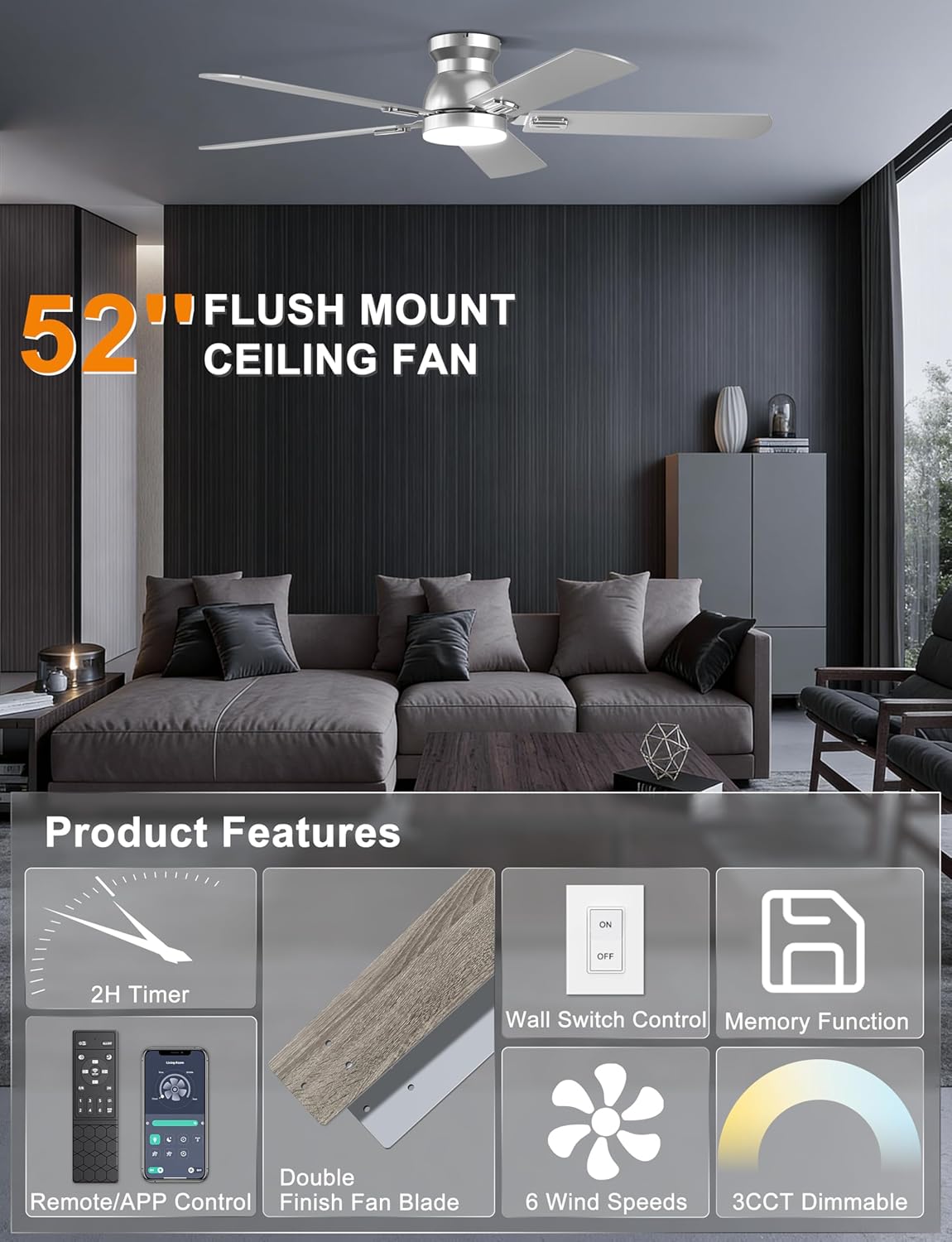 Detalle de Ohniyou 52-Inch Low Profile Ceiling Fan with Light and Remote/App Control