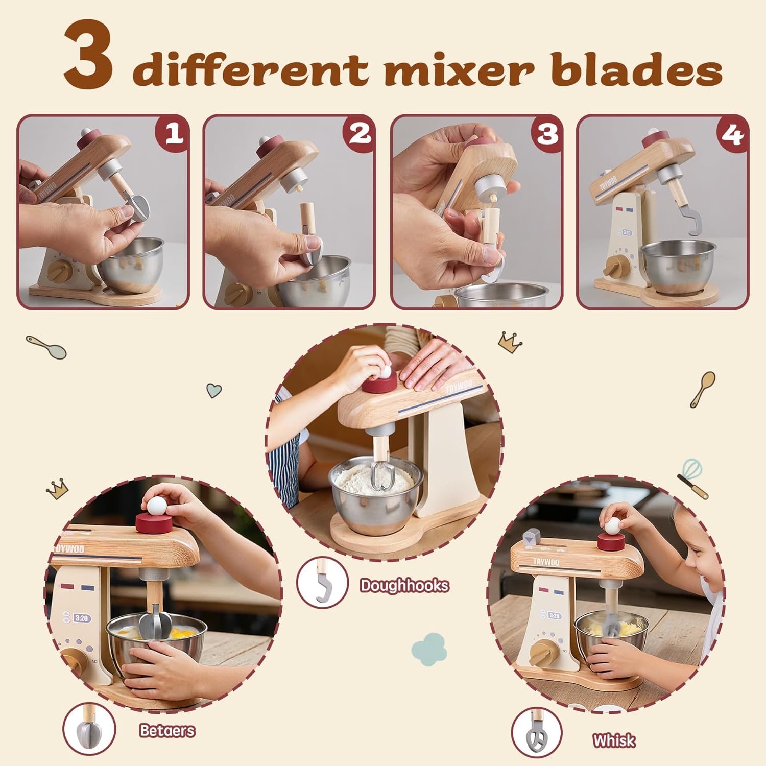 Thumbnail 2 de Toywoo Holzspielmixer für Kinder – Lern-Kochset-Zubehör mit Rührbesen, Rührstäben & Teigwender ab 3 Jahren