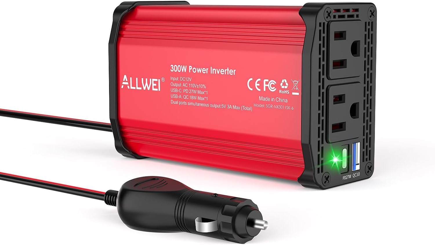 ALLWEI 300W Car Power Inverter, 12V DC to 110V AC, Red