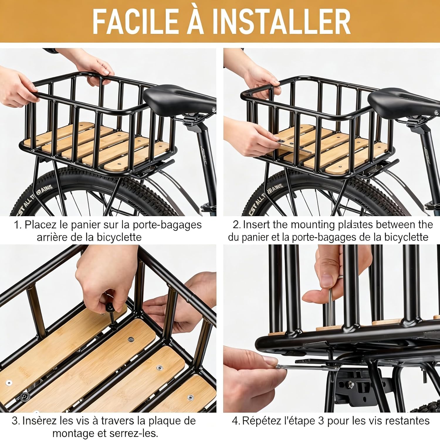 Detalle de CXWXC Panier arrière de vélo grand modèle avec fond en bois, housse imperméable et filet cargo
