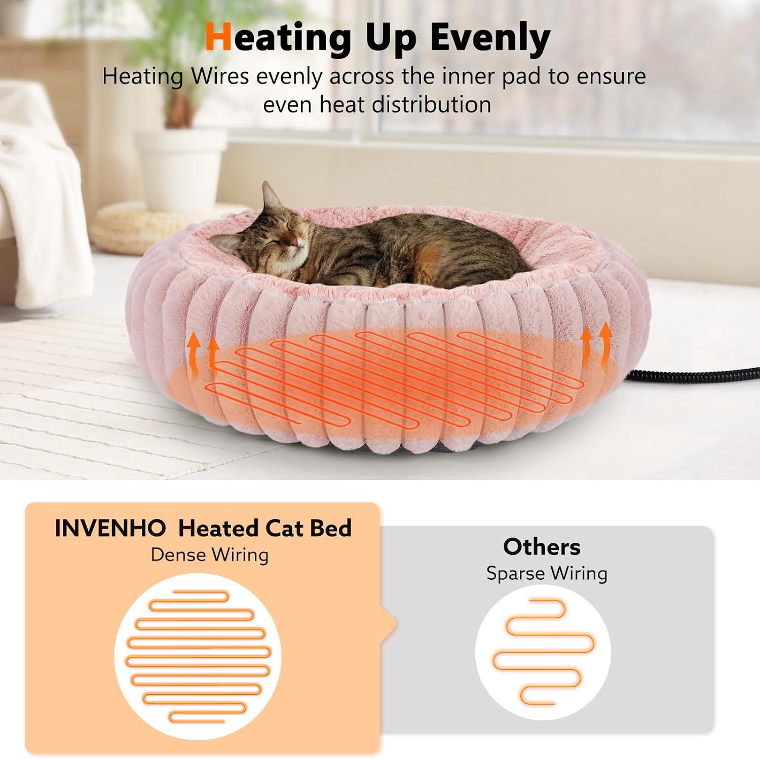 Detalle 2 de INVENHO TK-HPPD50T Heated Cat Bed, 24-Inch Donut with Adjustable Temperature