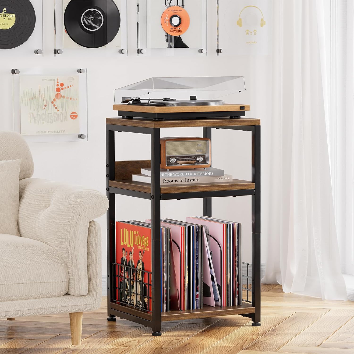Thumbnail 1 de Simple Trending Record Player Stand: Rustic 3-Tier Turntable and Vinyl Storage