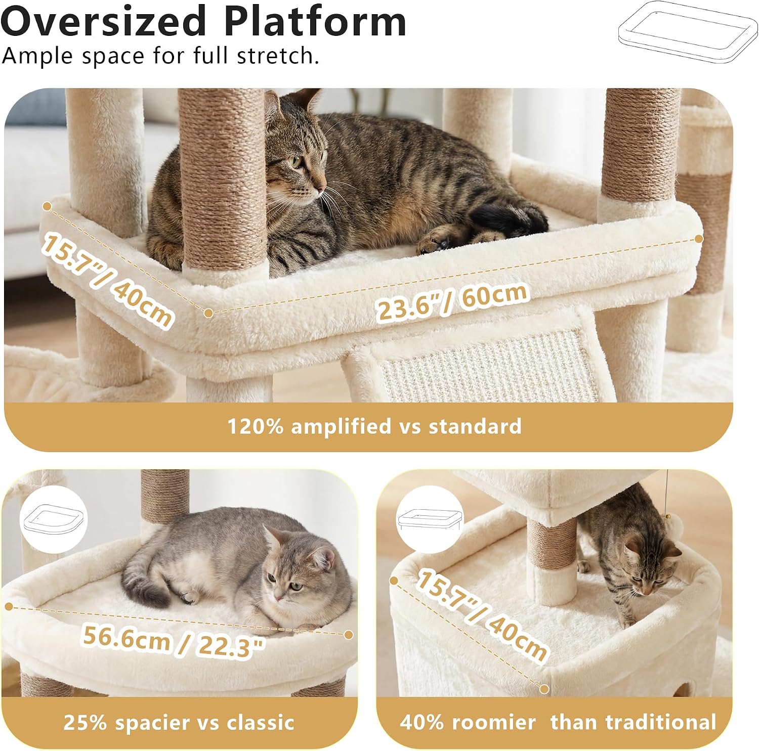 Detalle de Heybly Cat Tree, 184 cm Anti-Tip Cat Tower for Large Cats — All-in-One Beige HCT060M