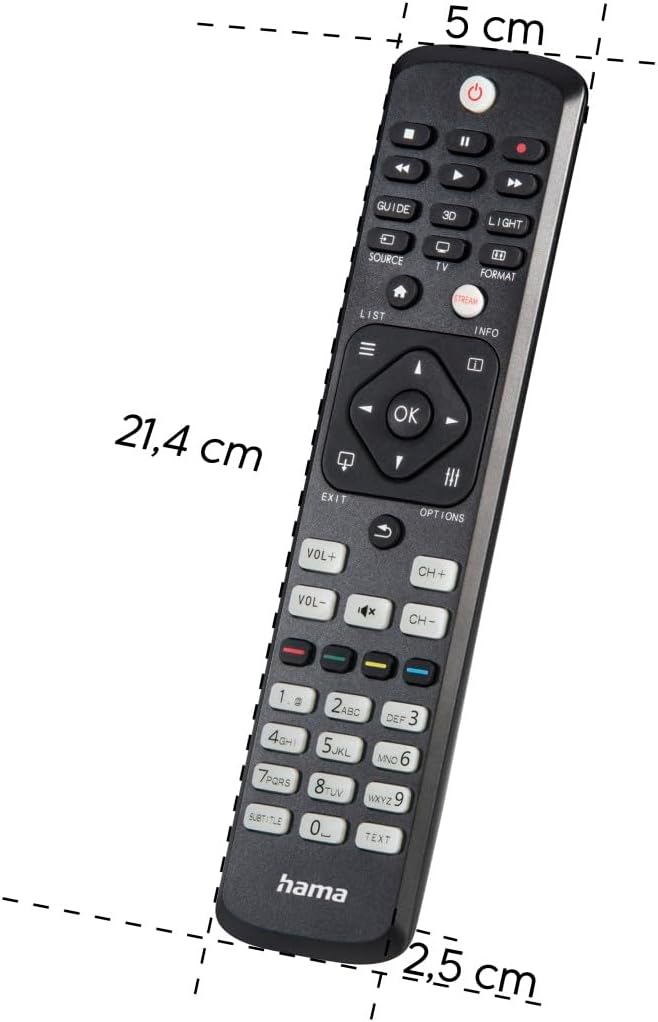 Detalle de Hama lernfähige Universal-Fernbedienung für Philips TVs, Infrarot, selbstleuchtende Tasten, Easy Mode & 10 m Reichweite (schwarz)