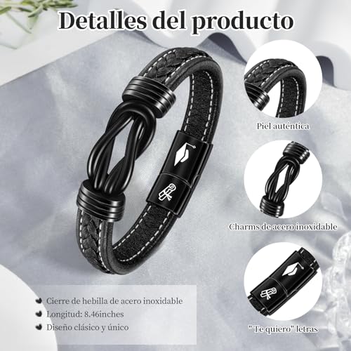 Detalle 2 de YELUWA Pulsera de Graduación 2026 para Hombre en Cuero – Regalo con Tarjeta y Caja