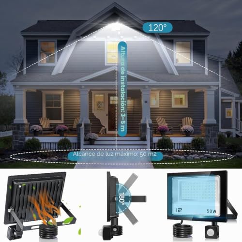 Detalle de YZYFACAI Foco LED Exterior 50W con Sensor de Movimiento IP67, 5000 lm y 7000K