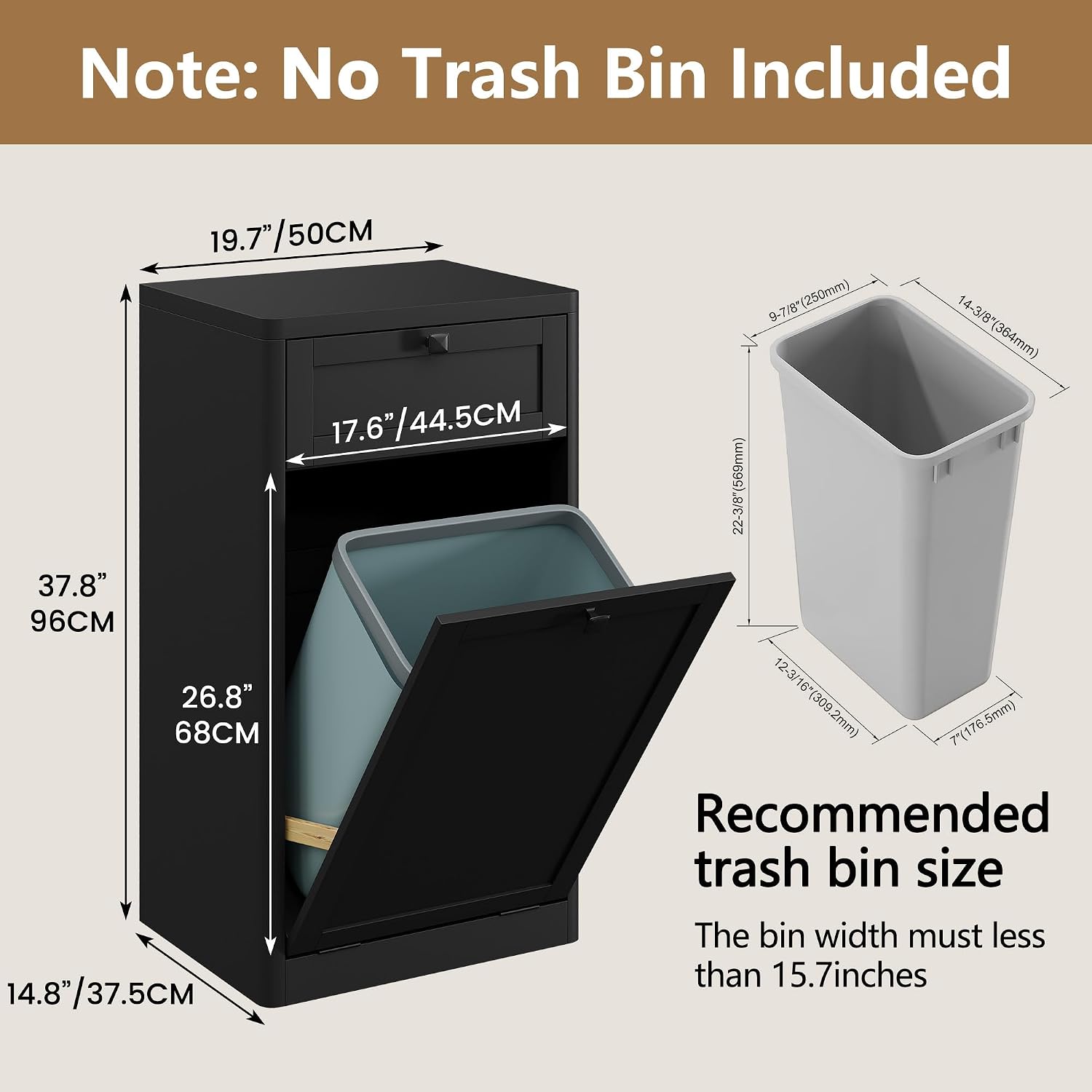 Thumbnail 1 de Furniouse 13-Gallon Tilt-Out Trash Cabinet with Drawer, Black Engineered Wood