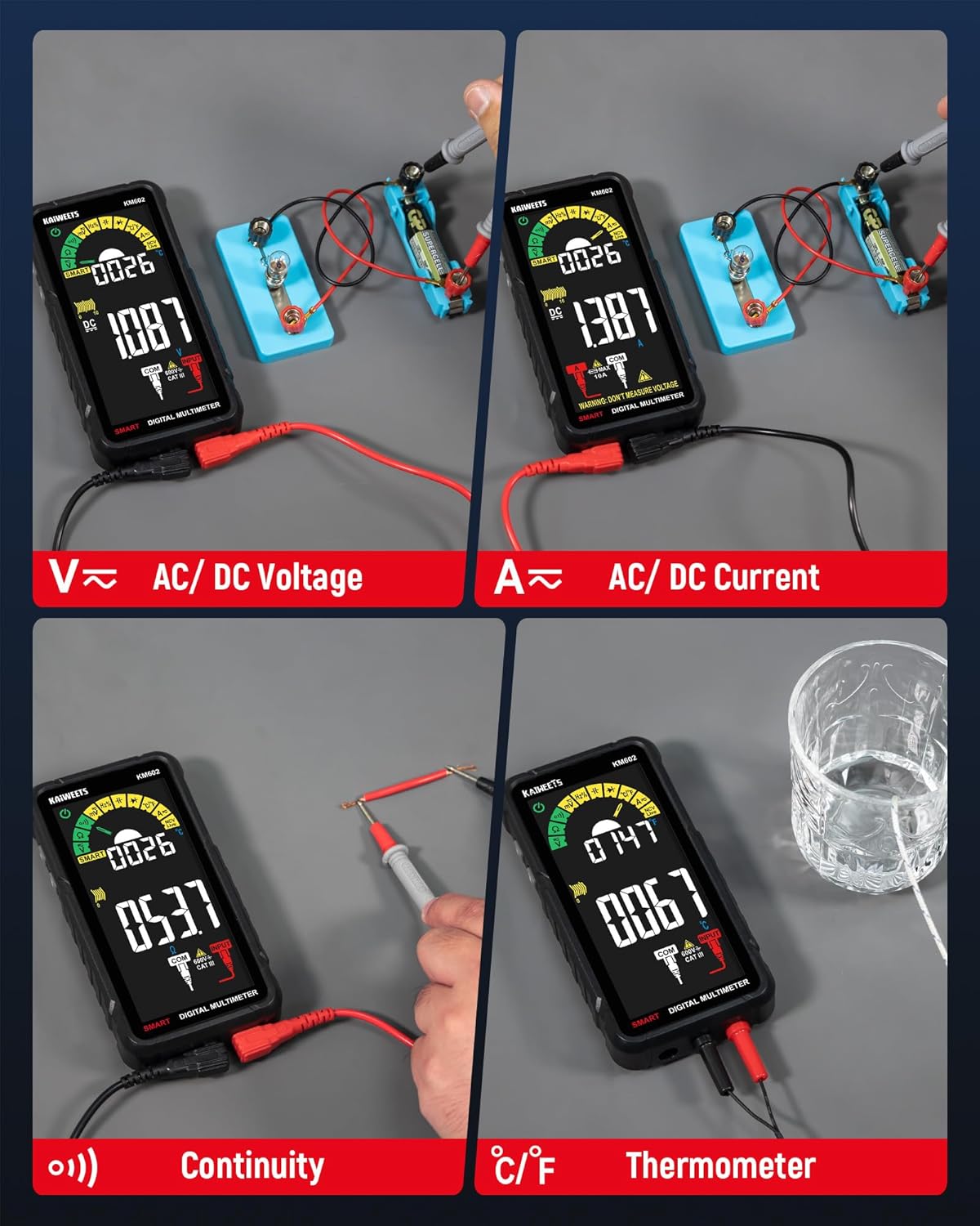 Detalle de KAIWEETS KM602 Smart Digital Multimeter (4.7-inch) rechargeable tester with 6000 counts and T-RMS