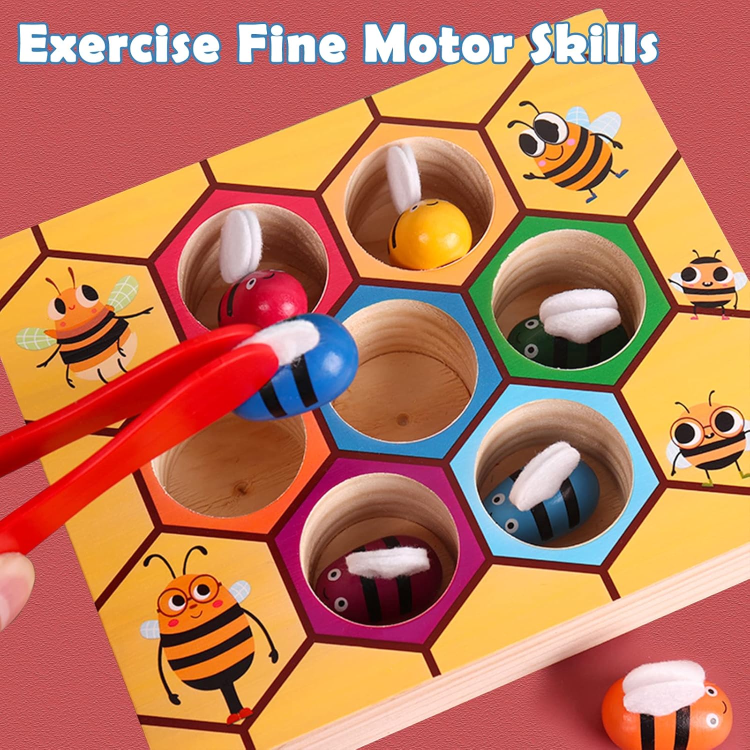Detalle de YUNCHY Toddler Fine Motor Skill Toy: Bee to Hive Matching Game (Montessori wooden color sorting)