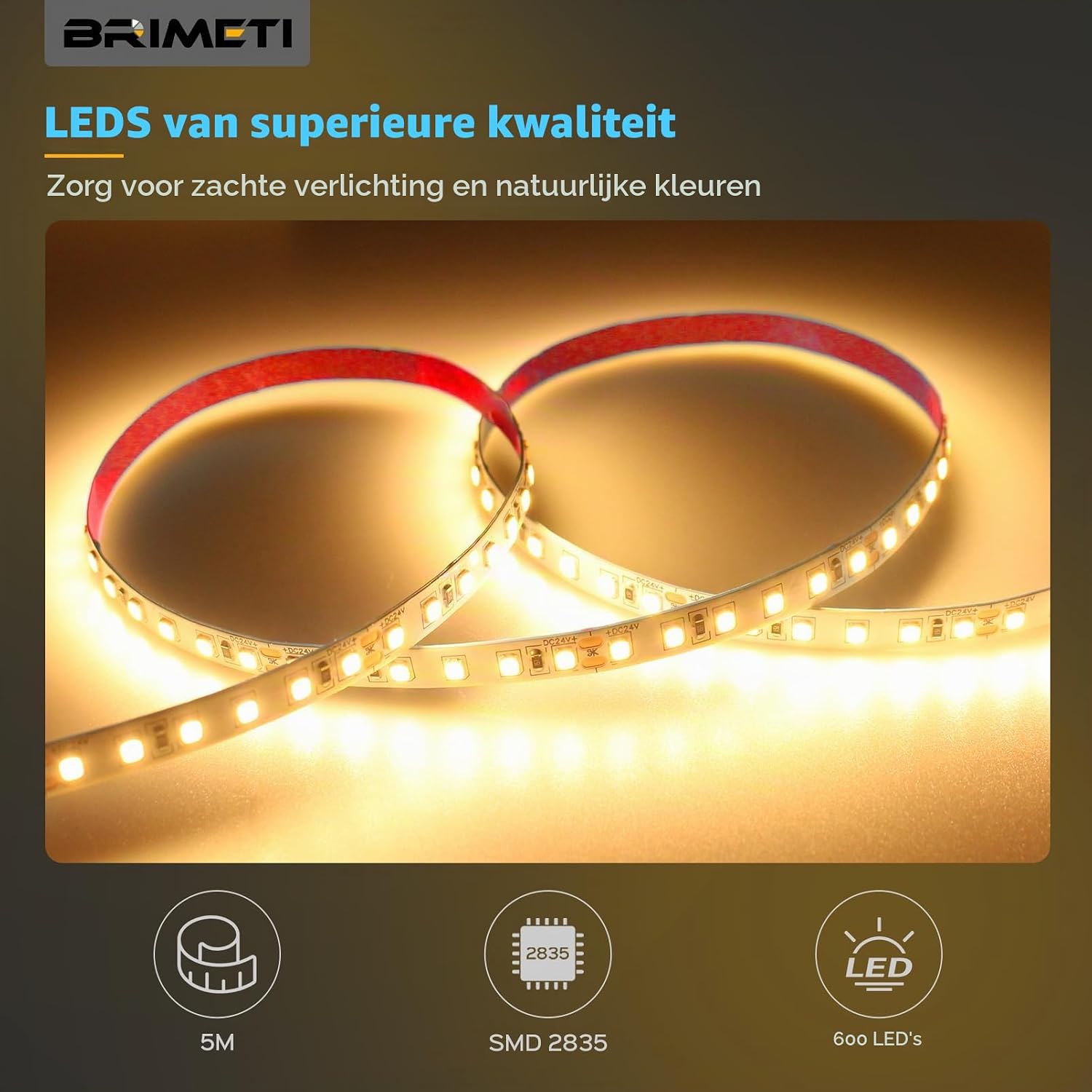 Detalle 2 de BRIMETI LED-strip 5 m, 12 V, 6000 K koelwit, 600 leds, 8 mm breed