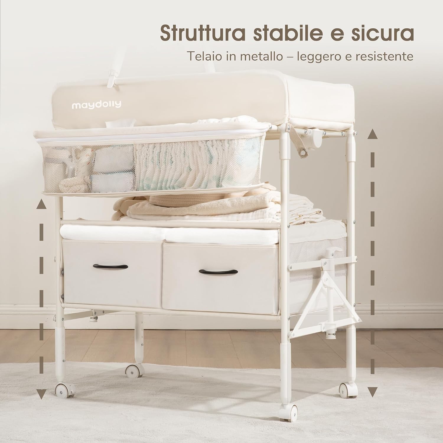 Detalle de Maydolly Fasciatoio portatile e pieghevole per neonato con altezza regolabile e materassino impermeabile – Beige