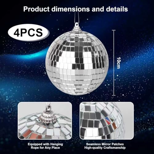 Detalle de DUBUOZA 4er-Set Discokugel 10 cm Silber – Spiegelkugeln für Hochzeit, Weihnachten, Party-Deko