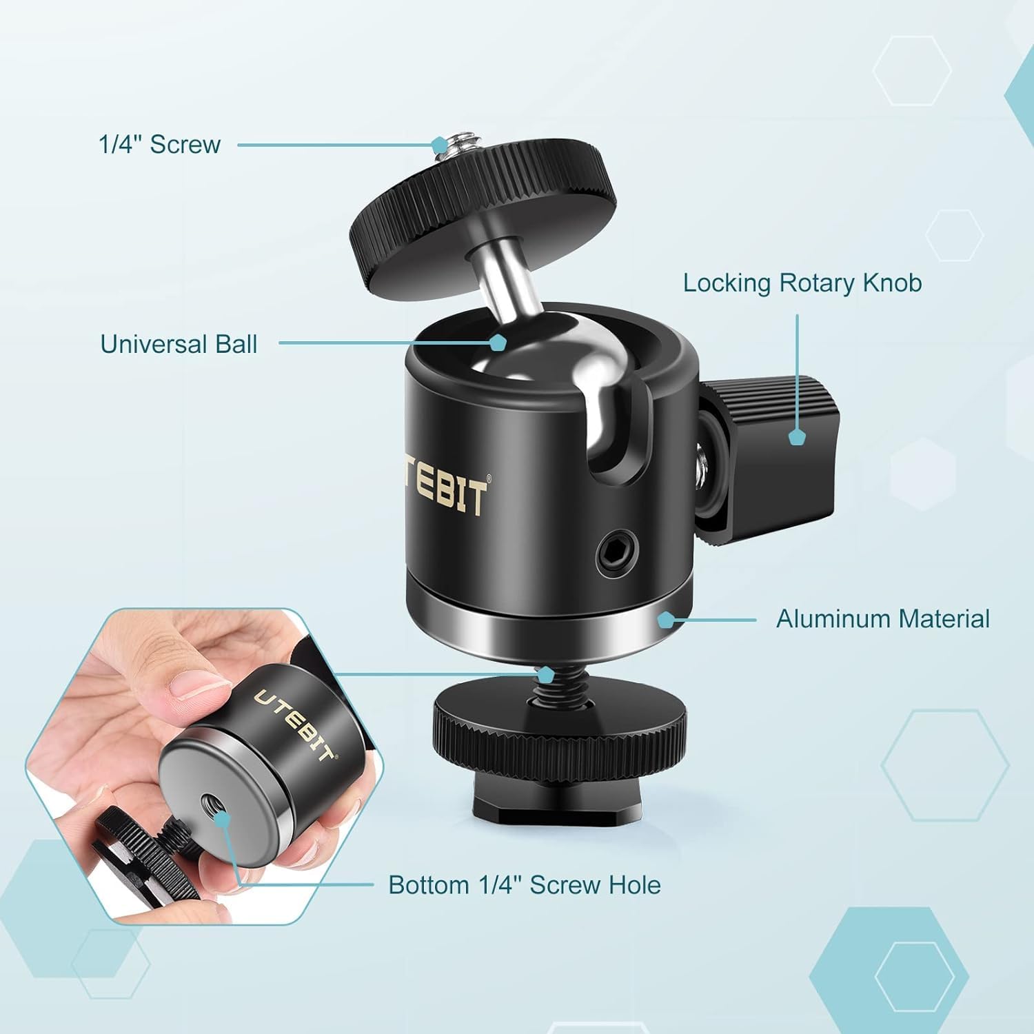 Thumbnail 1 de UTEBIT 360° Swivel Mini Ball Head with 1/4 Hot Shoe Mount for DSLR Cameras and Accessories