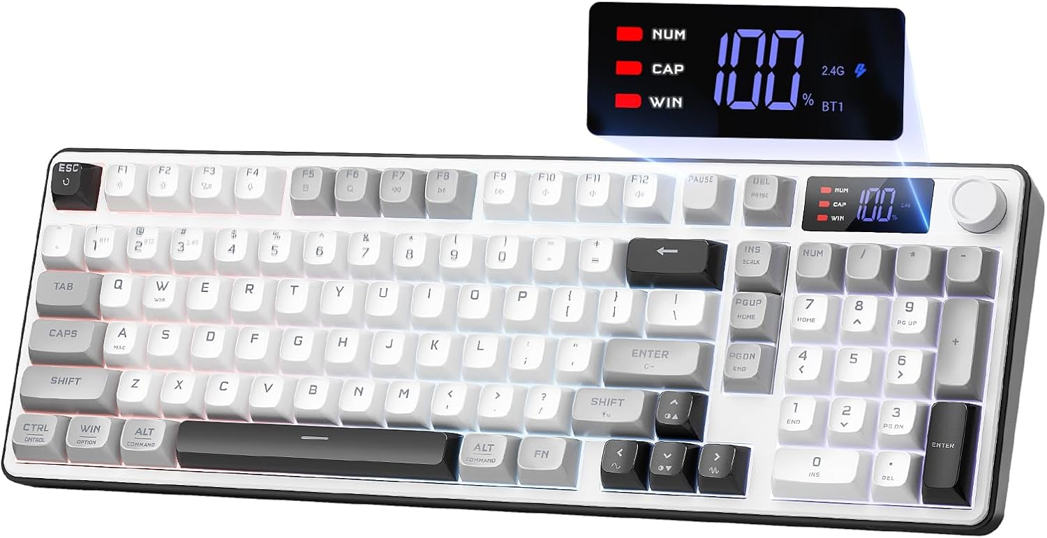 Detalle de Redragon Wireless Gaming Keyboard, 98-Key Tri-Mode with Knob & Display (White Gray)