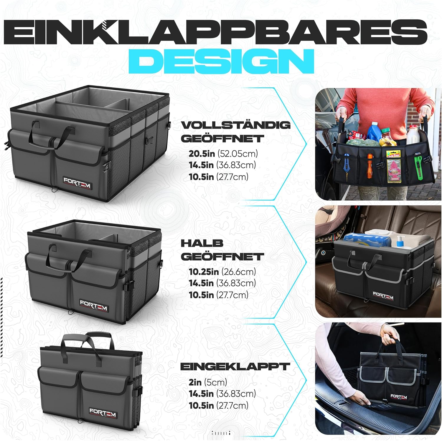 Thumbnail 5 de FORTEM Kofferraum Organizer (Kofferraumtasche) mit klappbarem Deckel – faltbar, rutschfest und mit Sicherungsriemen