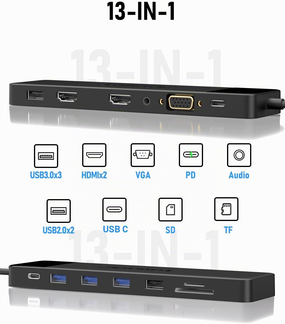 Detalle 2 de Lemorele USB-C Hub 14-in-1 Docking Station: 3 Displays, 100W PD, SD/TF & Audio – kompatibel mit MacBook, Dell und Windows