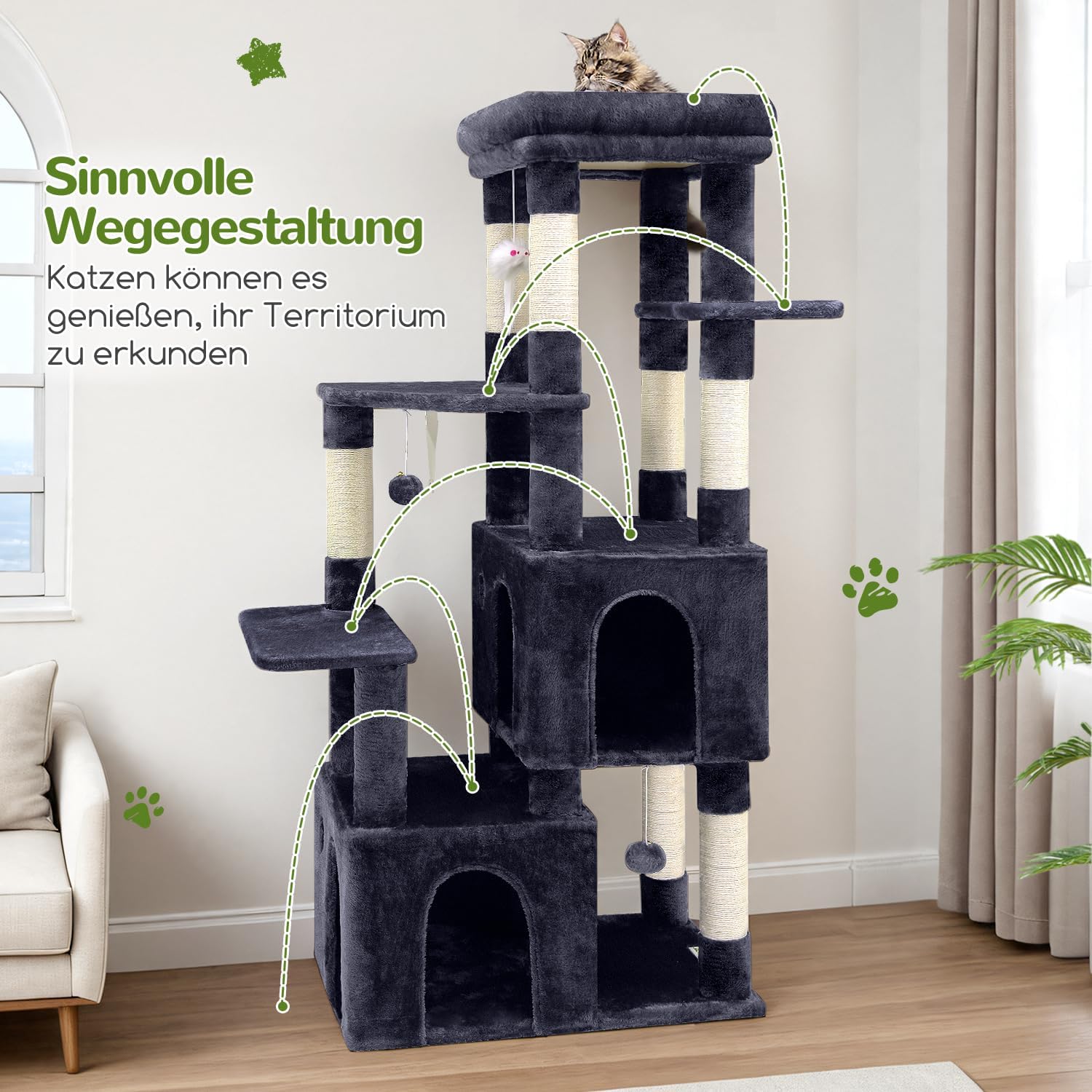 Thumbnail 5 de Globlazer Kratzbaum für 3–5 große Katzen (156 cm) mit 2 Deluxe Katzenhöhlen und 7 Sisal-Kratzsäulen, Dunkelgrau