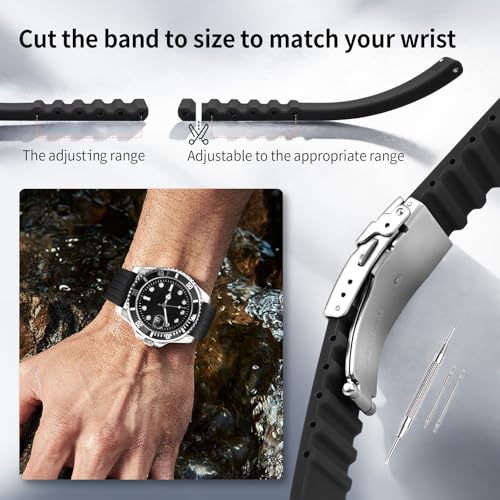 Detalle de ULLCHRO Cinturini per Orologi Impermeabili: Stripe Pattern in Silicone con Fibbia Deployante 22 mm - Nero