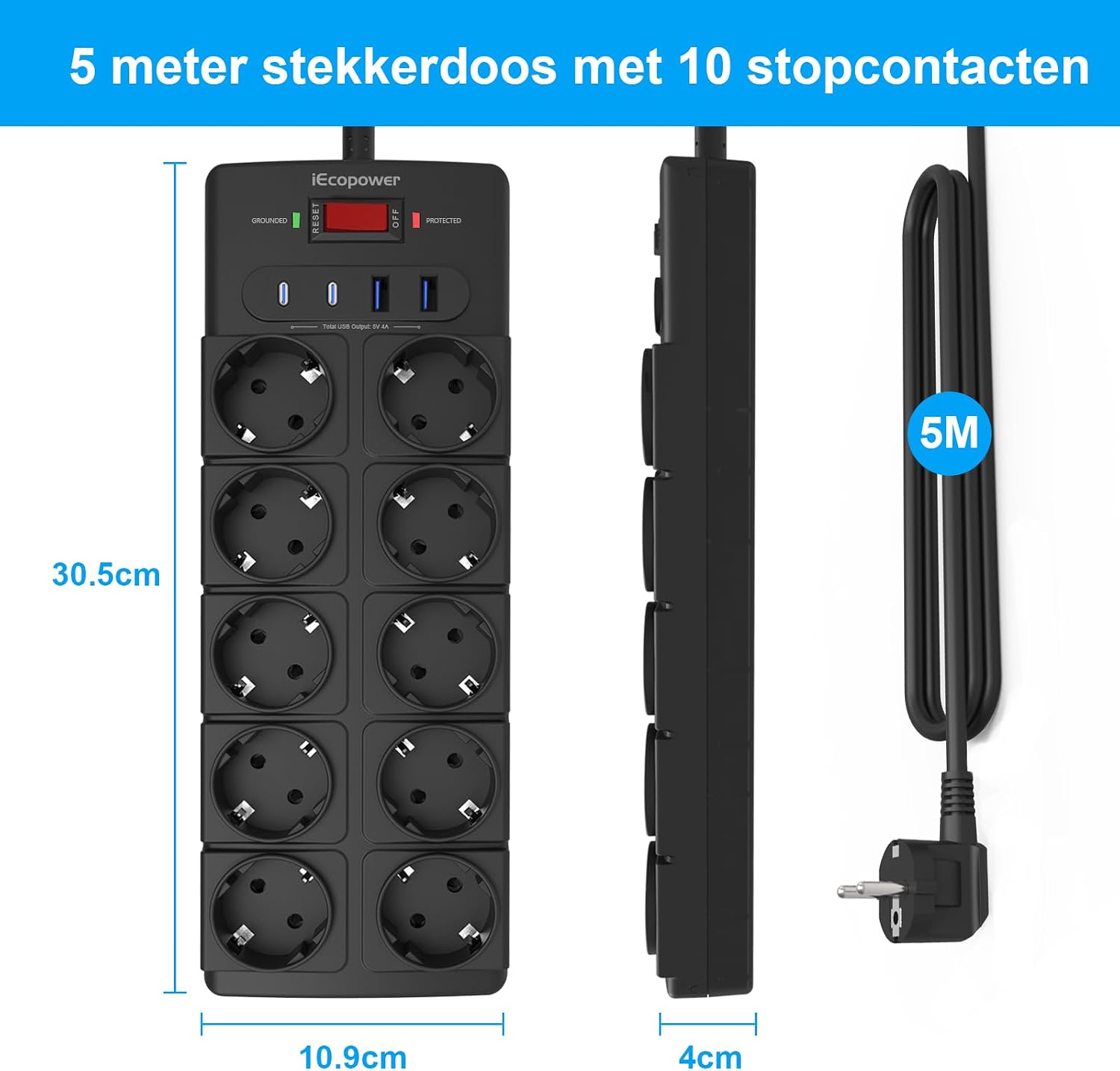 Detalle 2 de IECOPOWER PT1020-5M stekkerdoos met 10 stopcontacten, USB-C PD 20 W en 5 m kabel