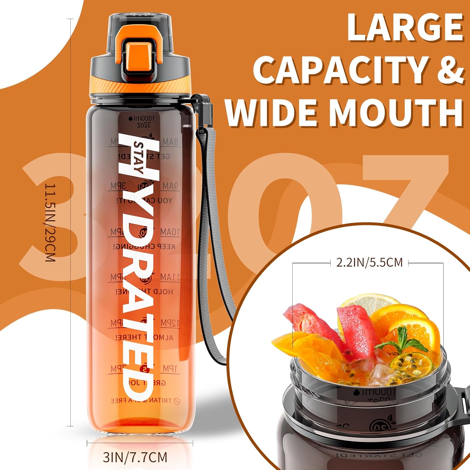 Thumbnail 5 de Wasserflasche mit Zeitmarkierung 1 L – BPA-frei, Tritan, auslaufsicher, mit Trageriemen