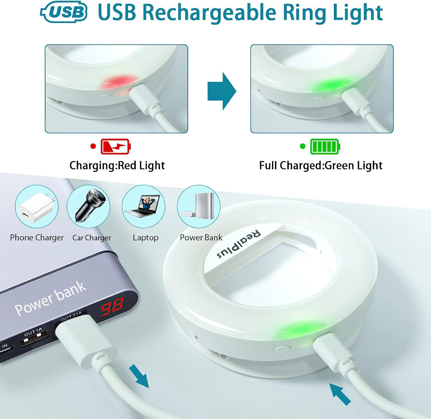 Thumbnail 3 de RealPlus Clip-on Selfie Ring Light (Rechargeable) with 40 LEDs — 3 Modes, Dimmable for Phone, Tablet and Laptop