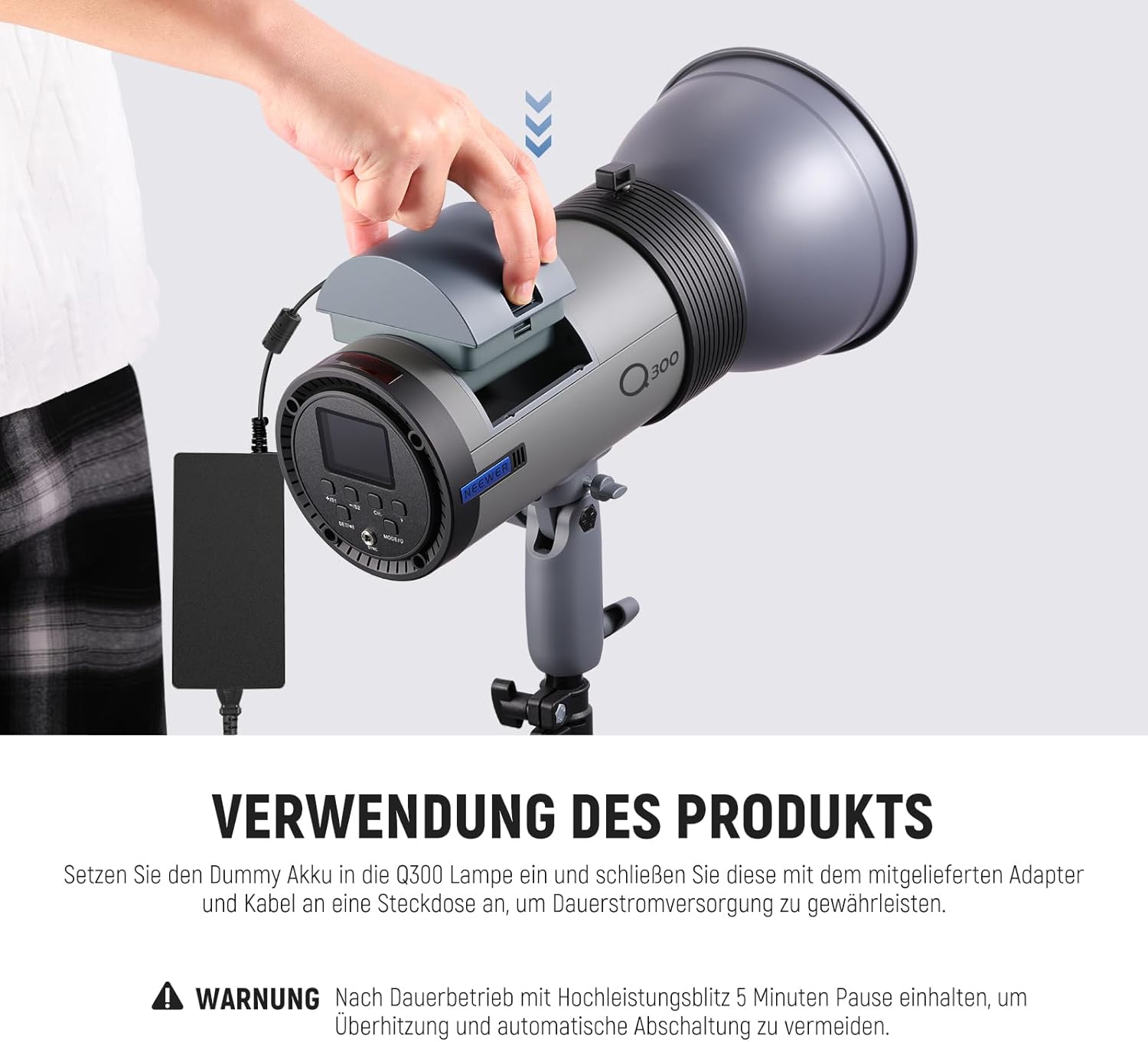 Thumbnail 2 de NEEWER Q300 Dummy Akku Set (NT-Q300) für Q300 Blitzlicht im Outdoor-Einsatz mit AC-Netzteil, EU-Stecker