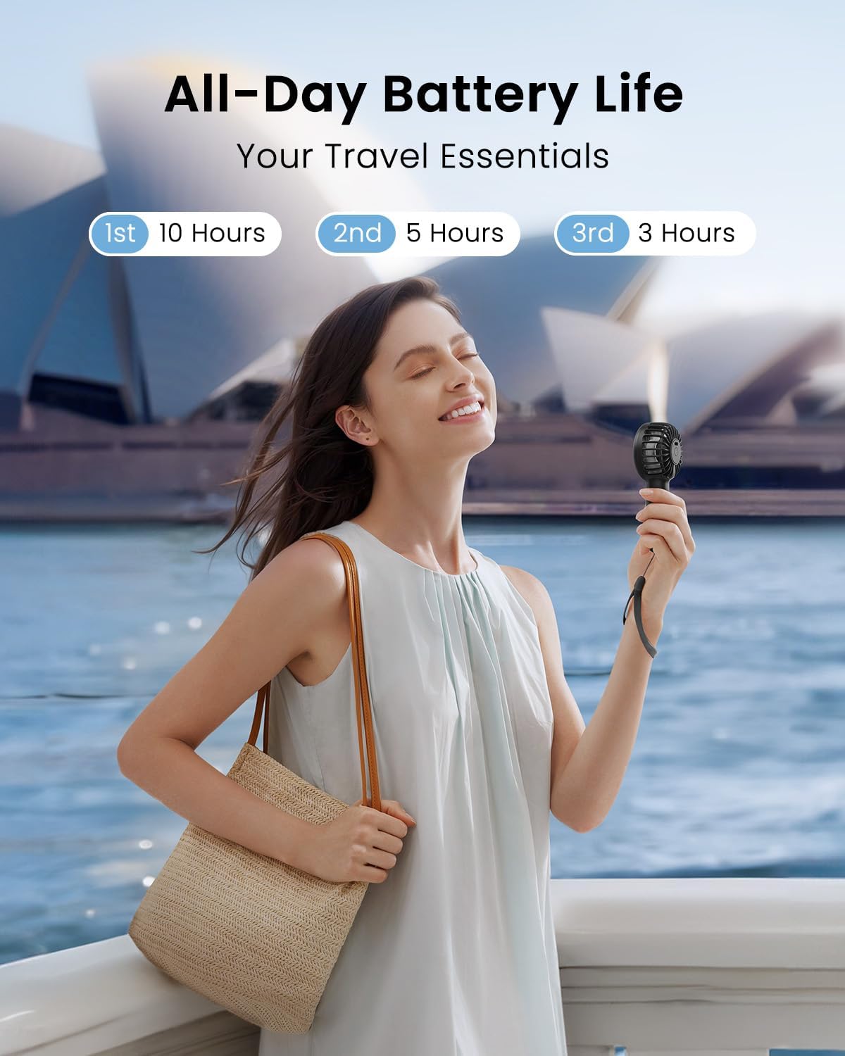 Detalle 2 de Gaiatop Mini Portable Handheld Fan (3-speed, USB rechargeable) for travel, camping and quick makeup drying