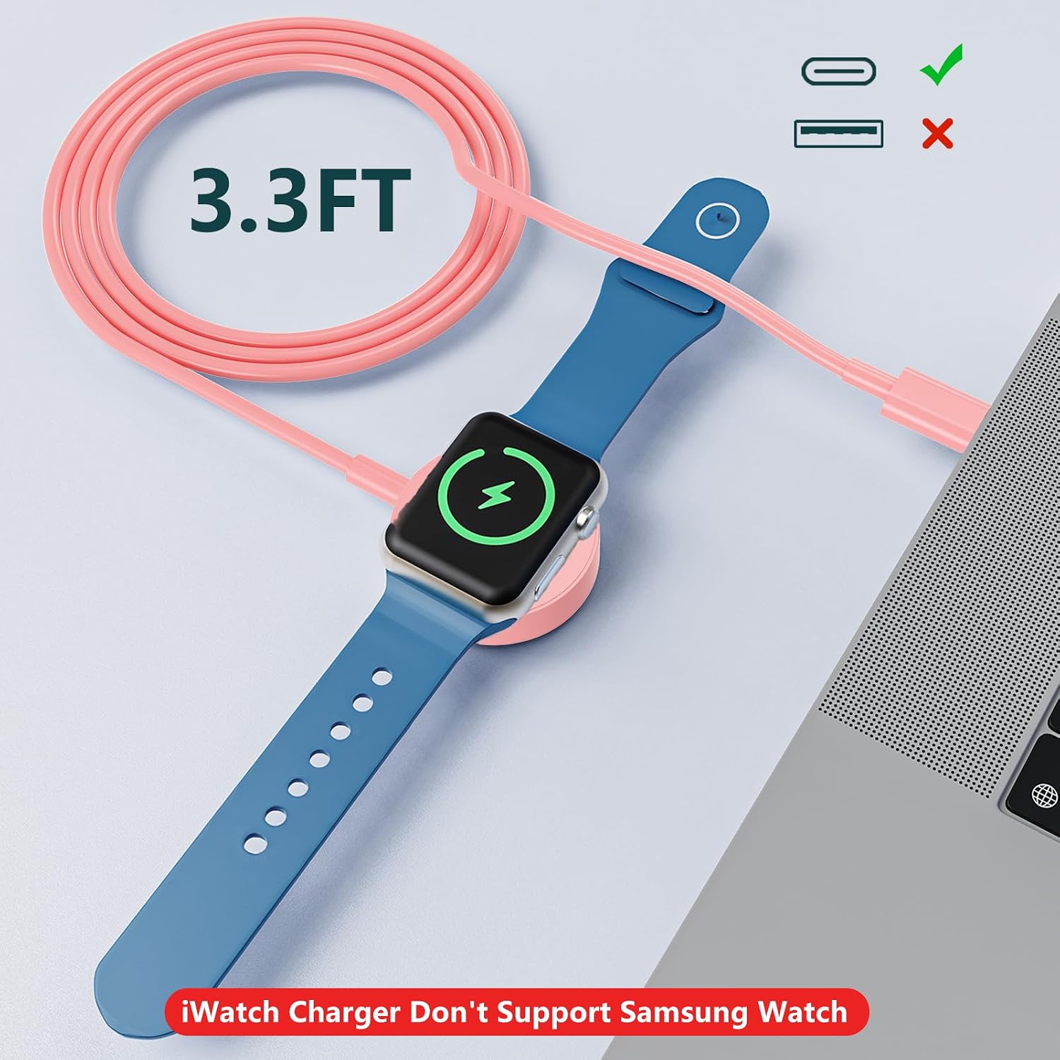 Detalle 2 de Upgraded 2-Pack USB-C Magnetic Apple Watch Charger Cables (MFi Certified) – Pink, 100cm