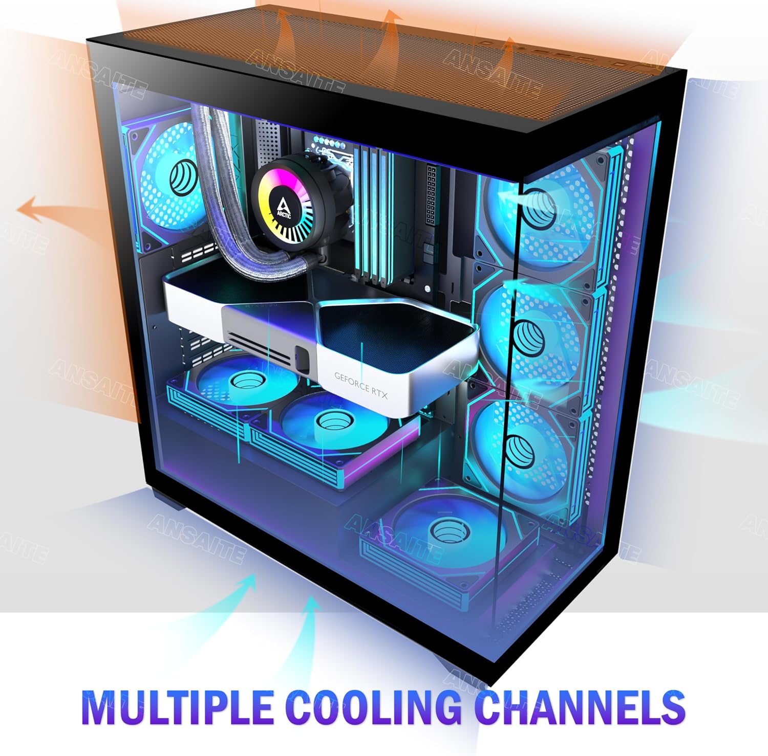 Detalle de ANSAITE C9 PC Case (ATX Mid Tower) with 7×120mm PWM ARGB Fans, Panoramic 270° Tempered Glass, USB Type C, Black