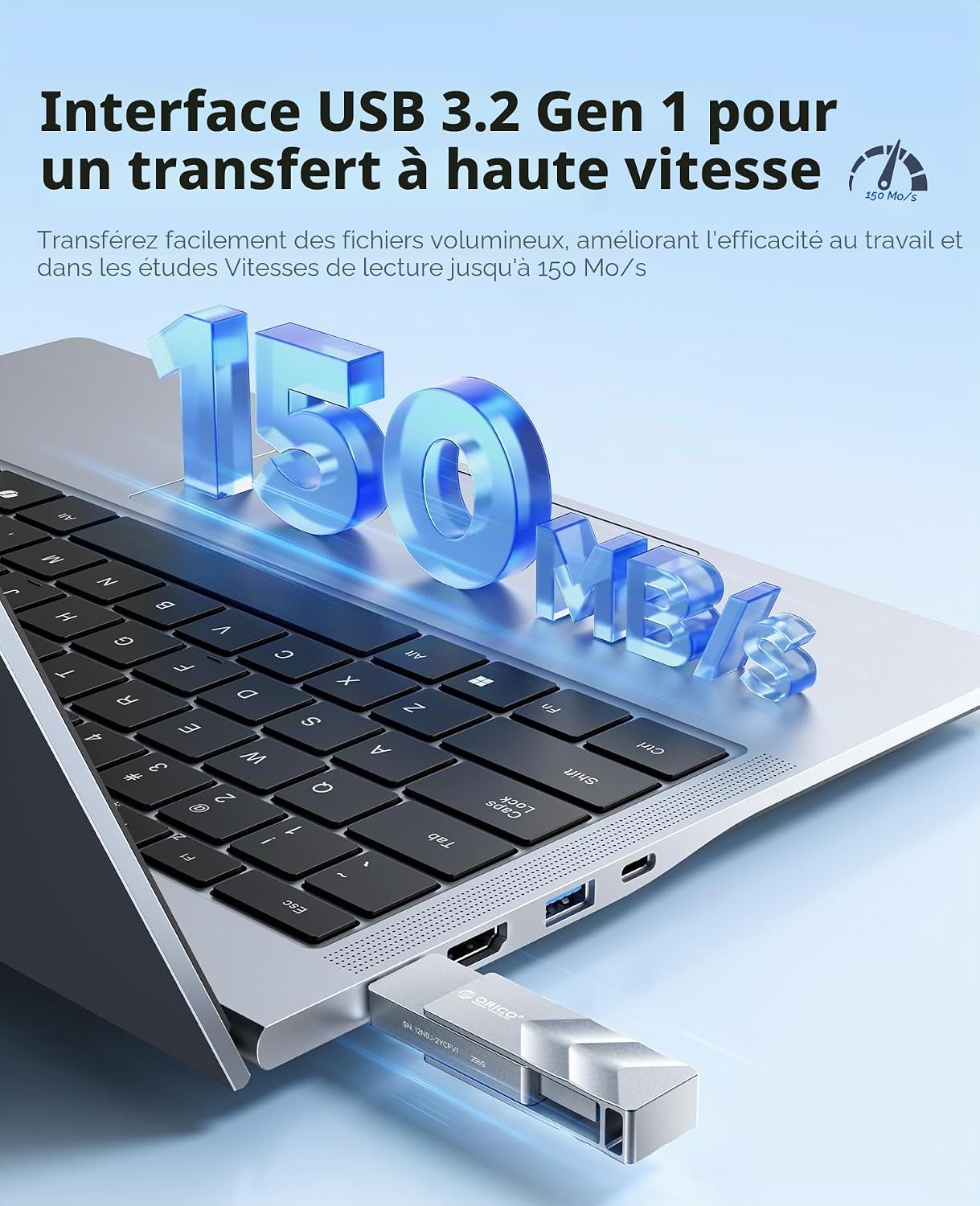 Detalle de ORICO Clé USB 128Go USB‑C dual connecteurs (A et C) – USB 3.2 Gen 1, OTG, 150 Mo/s