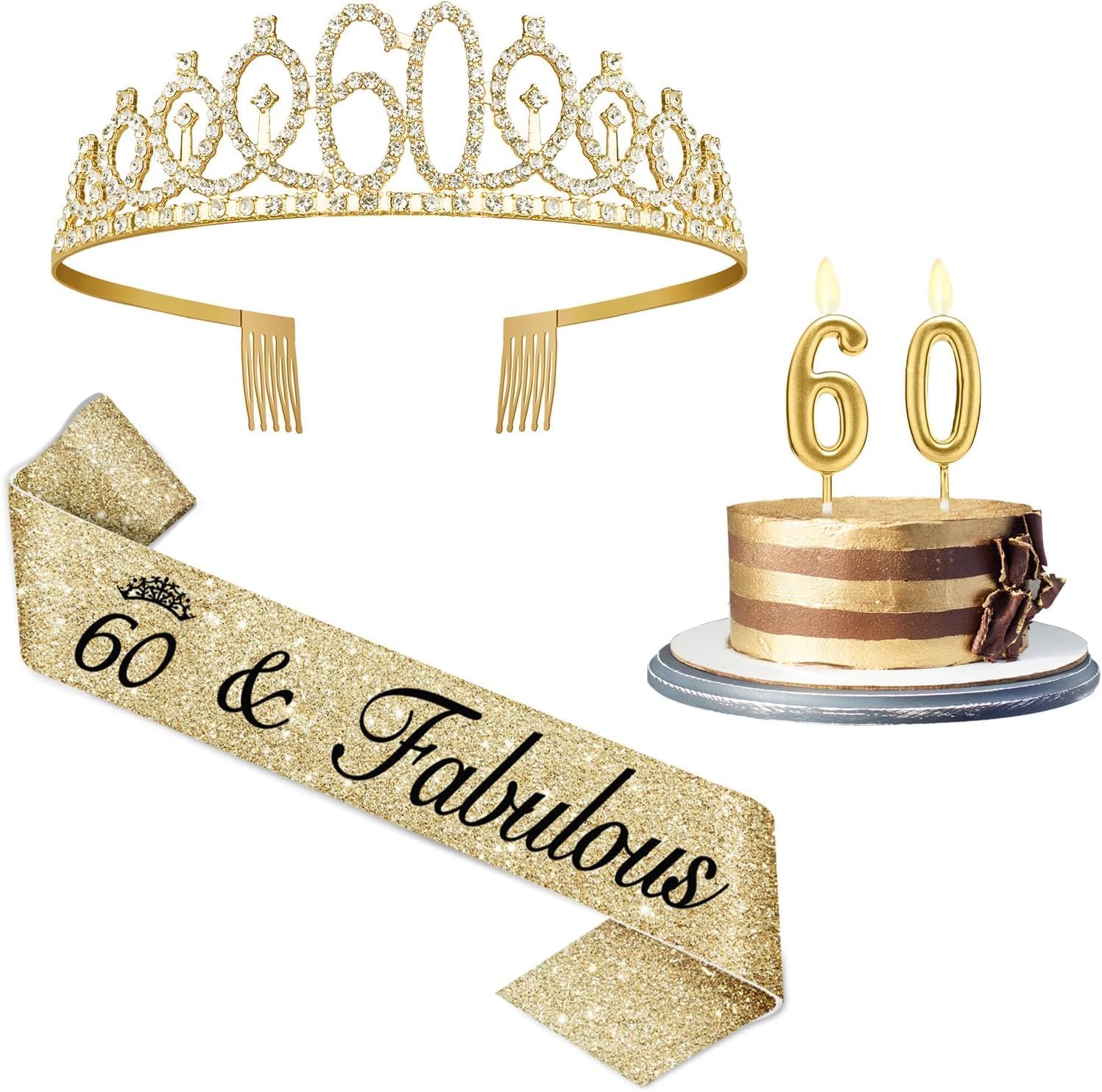 Amosking 60th Birthday Decorations Set: 60 sash, crown/tiara and gold number 60 candles