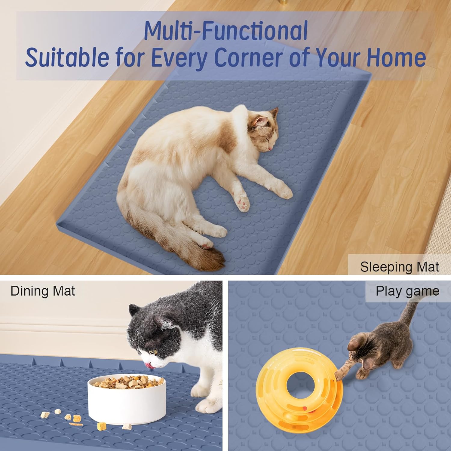 Detalle 2 de BLESWIN Large Cat Litter Mat 86 x 56cm – Silicone anti-slip, urine waterproof tray mat in dark blue