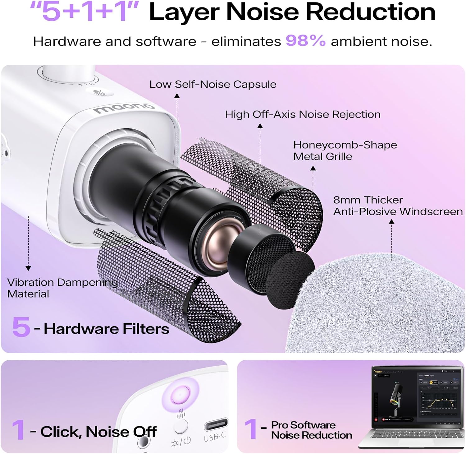 Detalle de MAONO PD100W Wireless Dynamic Microphone with USB, RGB and Noise Reduction