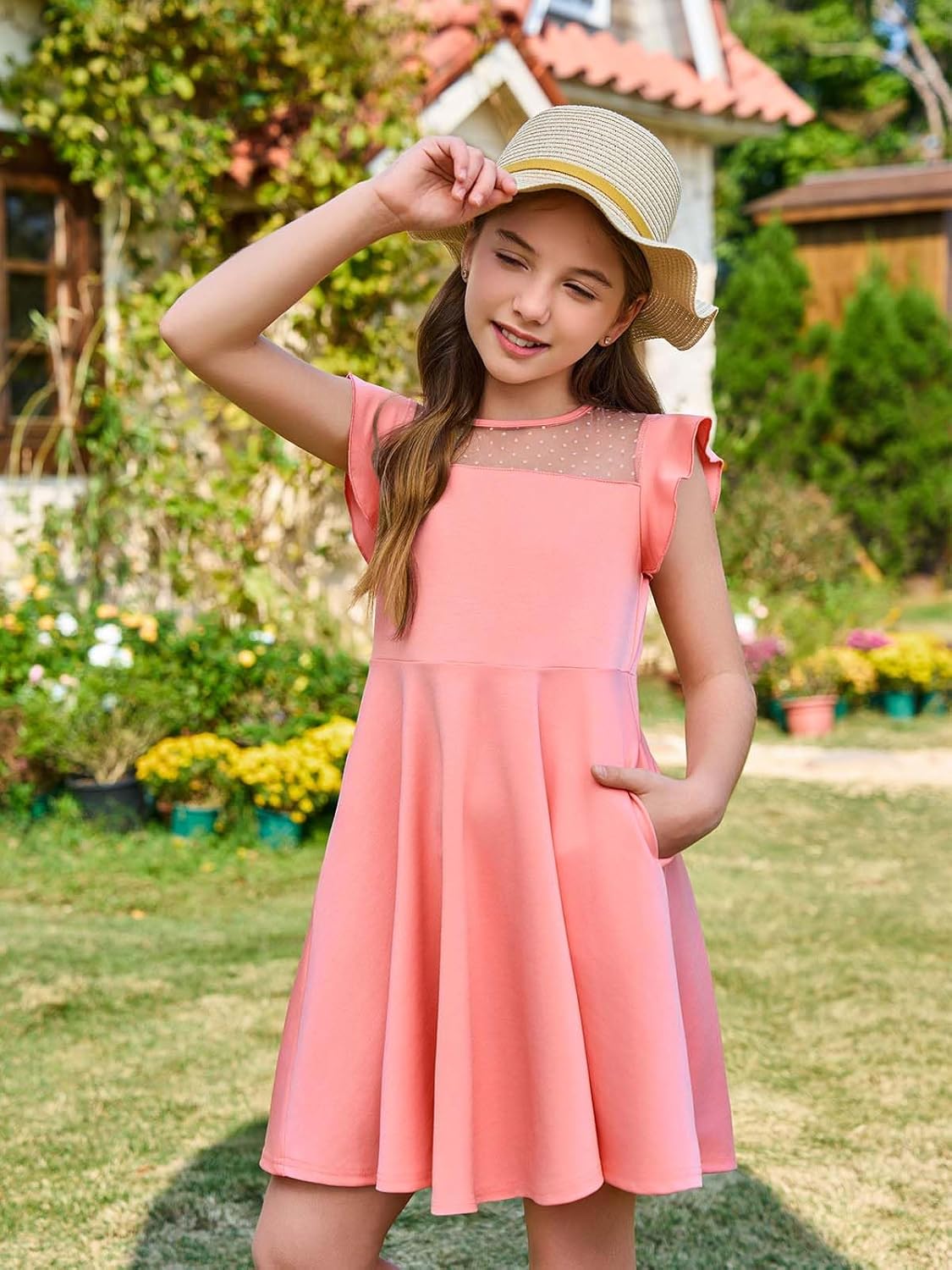 Thumbnail 2 de Haloumoning Girls Summer Dress with Ruffle Sleeves, Mesh Detail, and Pockets (A-Line, Ages 4–14)