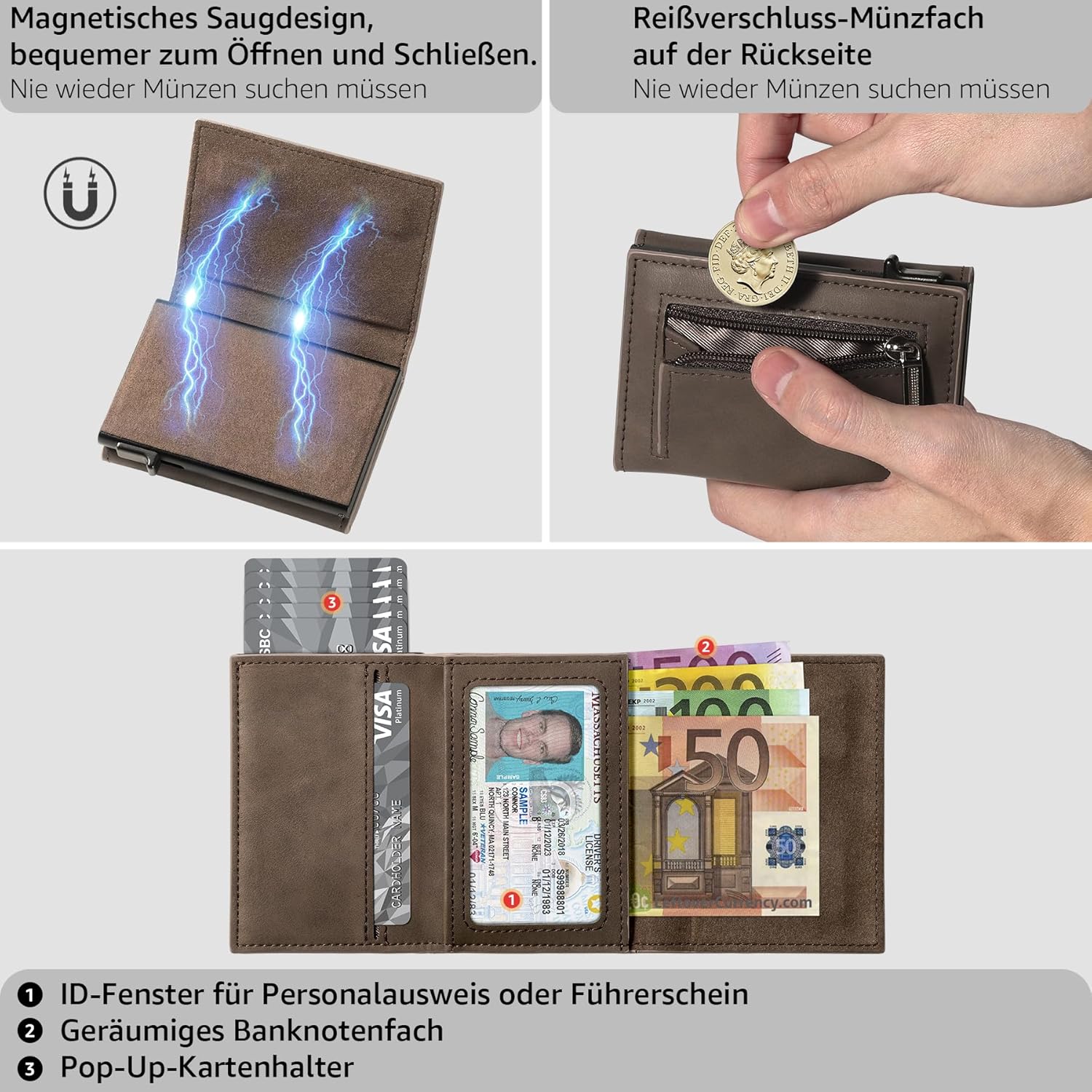 Detalle de Tomylv Geldbörse Herren – RFID‑Schutz, Pop-up Kartenetui mit Magnetverschluss