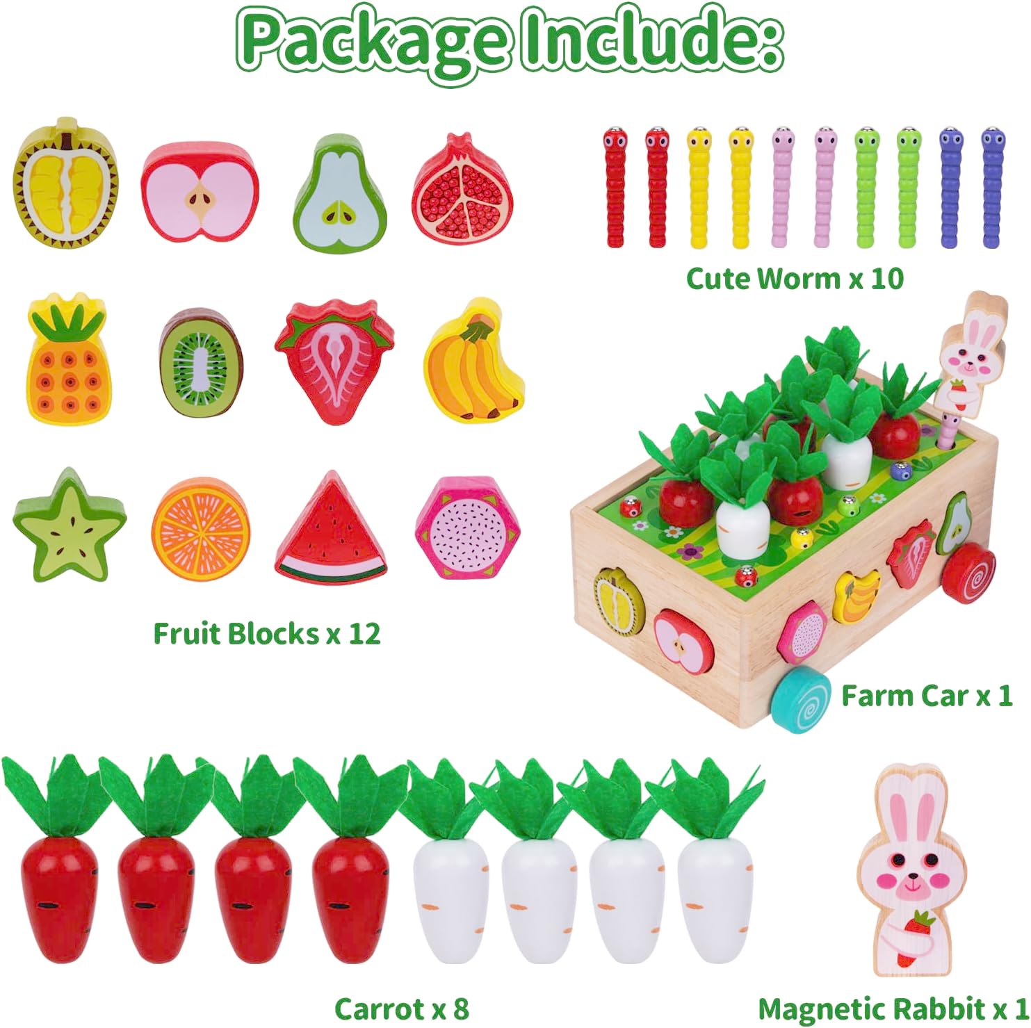 Detalle de KMTJT Montessori Bauernhof-Ernteauto – 7-in-1 Holzspielzeug für 1–4 Jahre