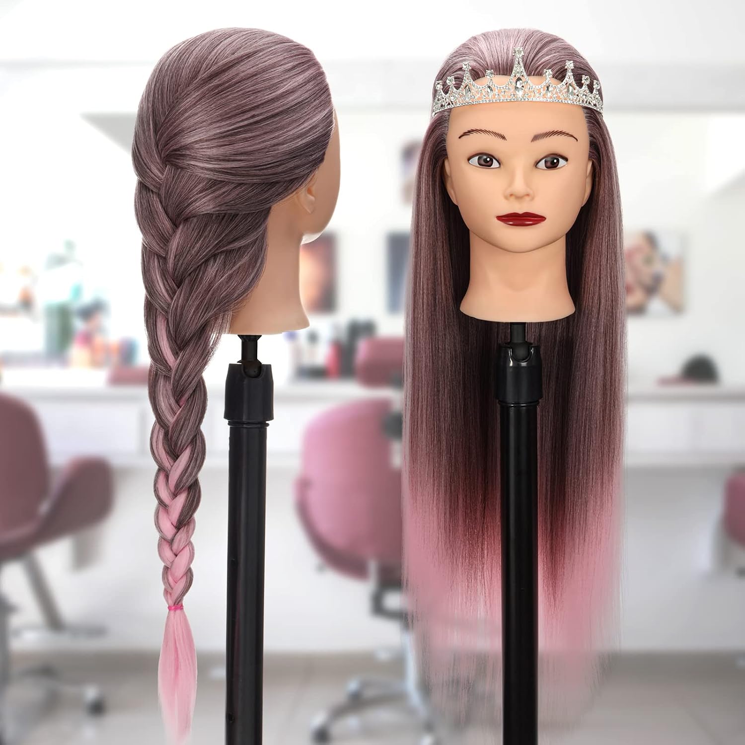 Detalle de GUANJUNE Mannequin Head: 26-28 Inch Synthetic Hair Training Head with Clamp Holder & Accessories – Gradient Pink