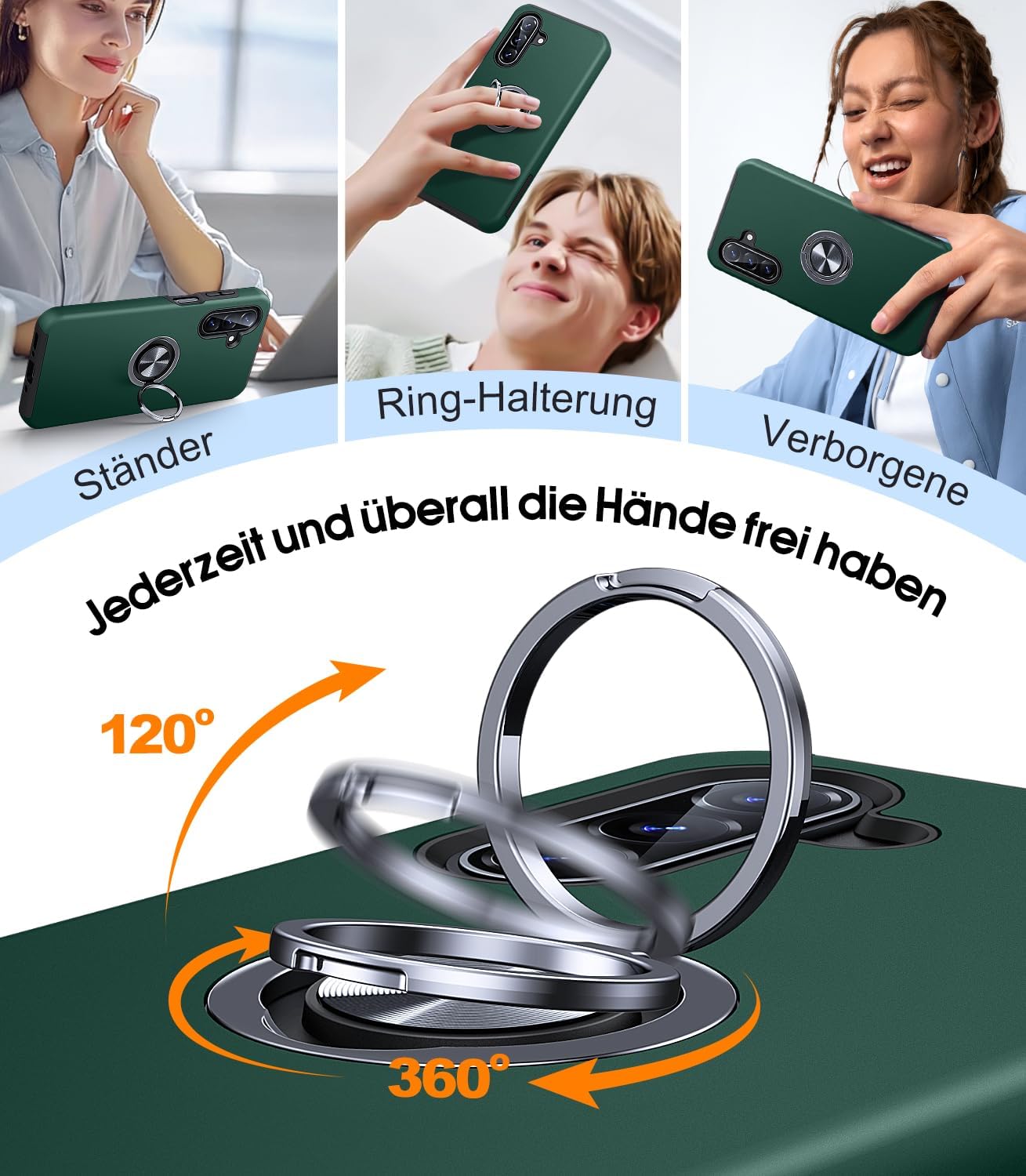 Thumbnail 2 de AOUIA Hülle für Samsung Galaxy A17 5G mit 2x Panzerglas, 360° Ring-Ständer, Militärschutz – Dunkelgrün