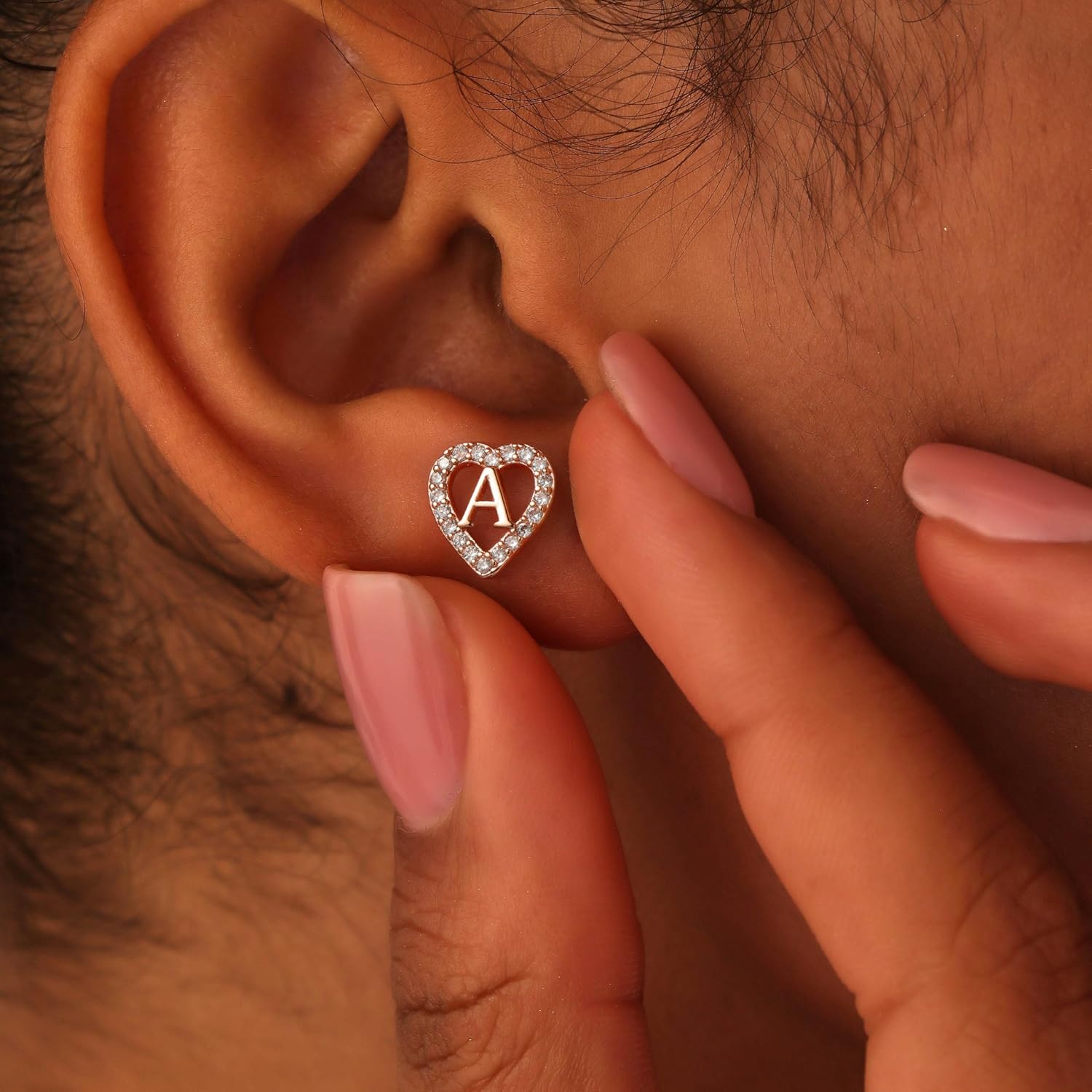 Thumbnail 3 de TINGN Boucles d'oreilles en forme de lettre et cœur – Plaqué or 14 carats, S925, zircones, sans nickel