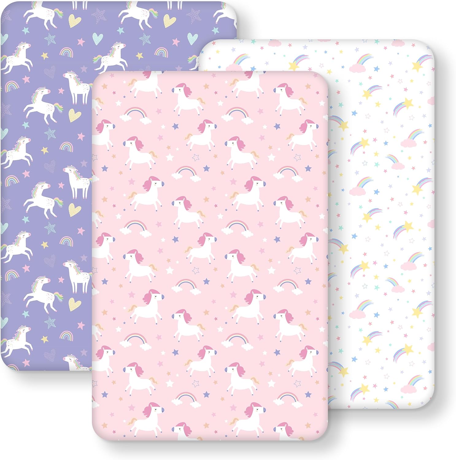 Detalle de FIEMOL Baby Spannbettlaken Beistellbett 55x90 cm – 3er-Pack Mikrofaser, ultrasanft & seidigglatt, lila Regenbogen