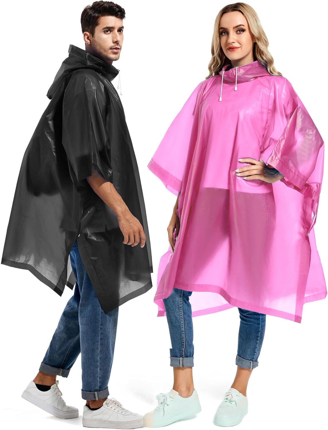 Borogo 2-Pack Reusable Adult Rain Ponchos (EVA) with Drawstring Hood