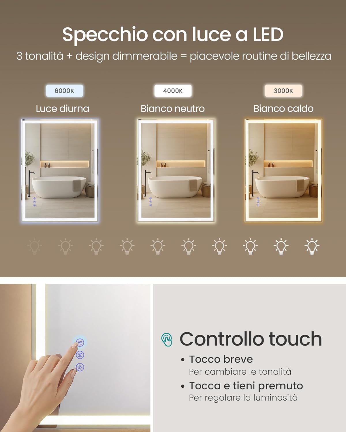 Detalle de SONGMICS Specchio Bagno con Luce LWM210WC02: rettangolare, antiappannamento e luminosità regolabile