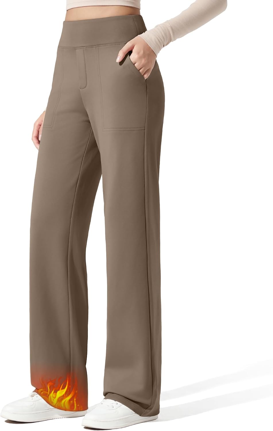 Detalle de G4Free Fleece-Lined Wide-Leg Pants for Women, Stretch Fabric and Pockets