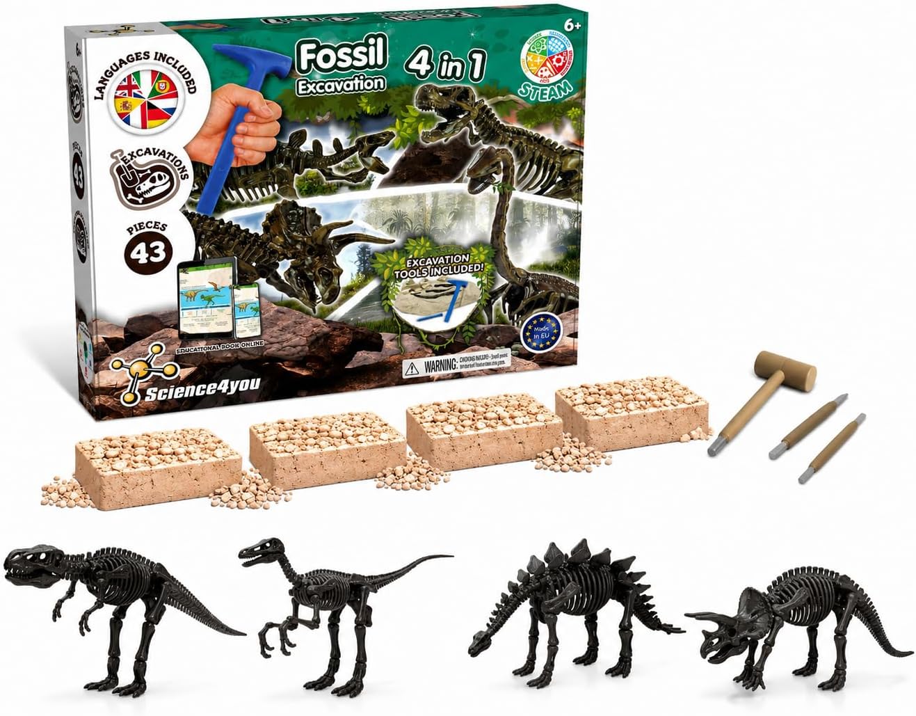 Detalle de Science4you 80000516 – zestaw do wykopalisk 4 w 1, 4 dinozaury