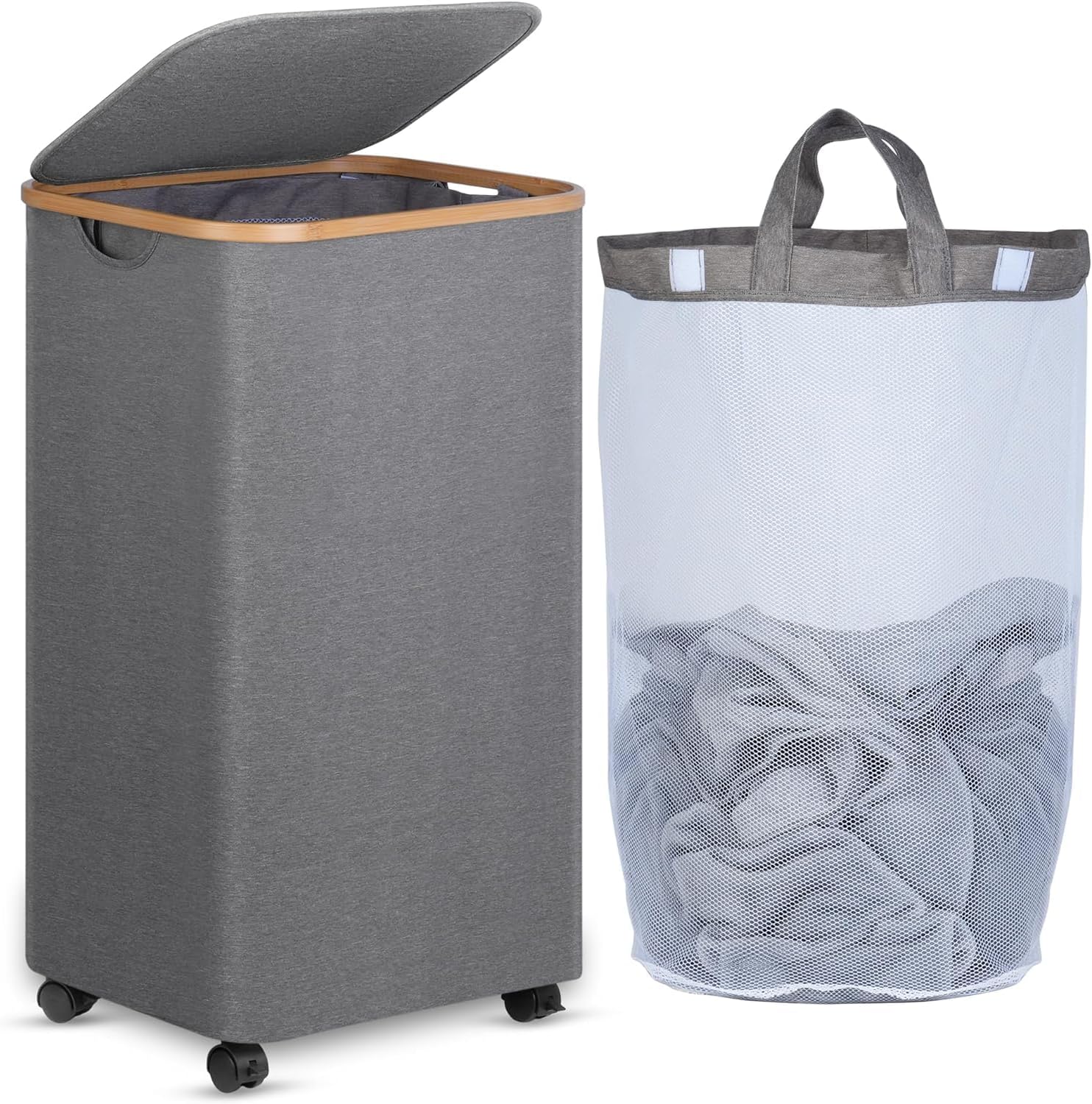 Detalle de efluky Wäschekorb mit Rollen 100L XL – Groß, langlebig & flexibel mit Deckel und herausnehmbarer Innentasche