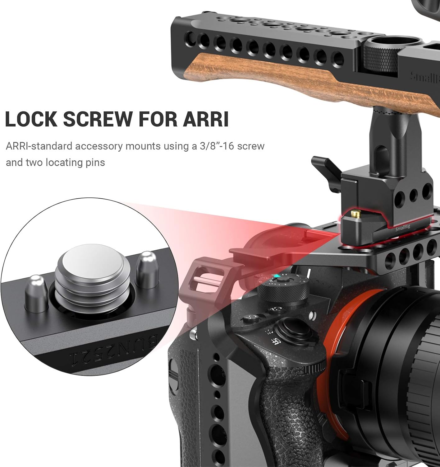 Detalle de SmallRig NATO Rail 2521B avec vis de positionnement ARRI 48 mm