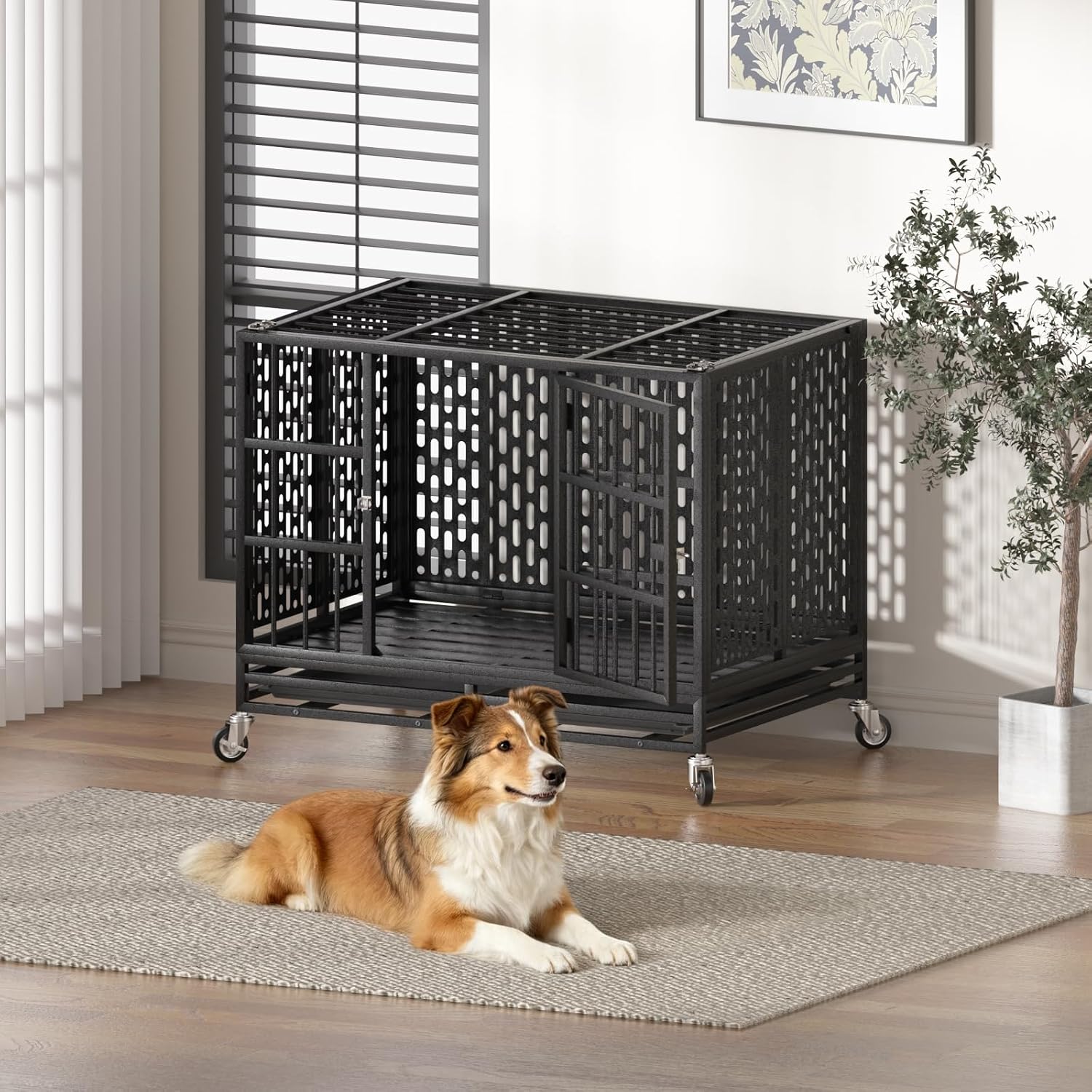 Detalle 2 de HMHTCT 42-Inch Heavy-Duty Dog Crate with Wheels, Double Doors and Tray