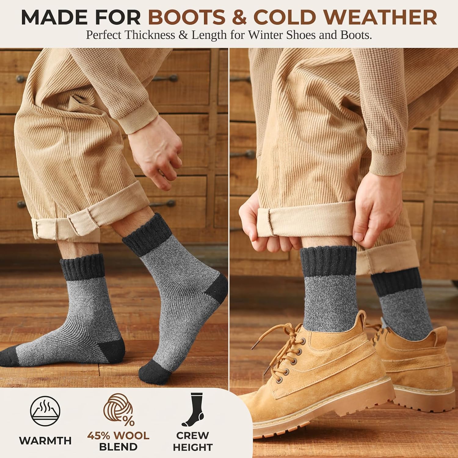 Thumbnail 2 de VoJoPi 5-Pair Men's Wool Blend Crew Socks, Cushioned Thermal Winter Boot Socks
