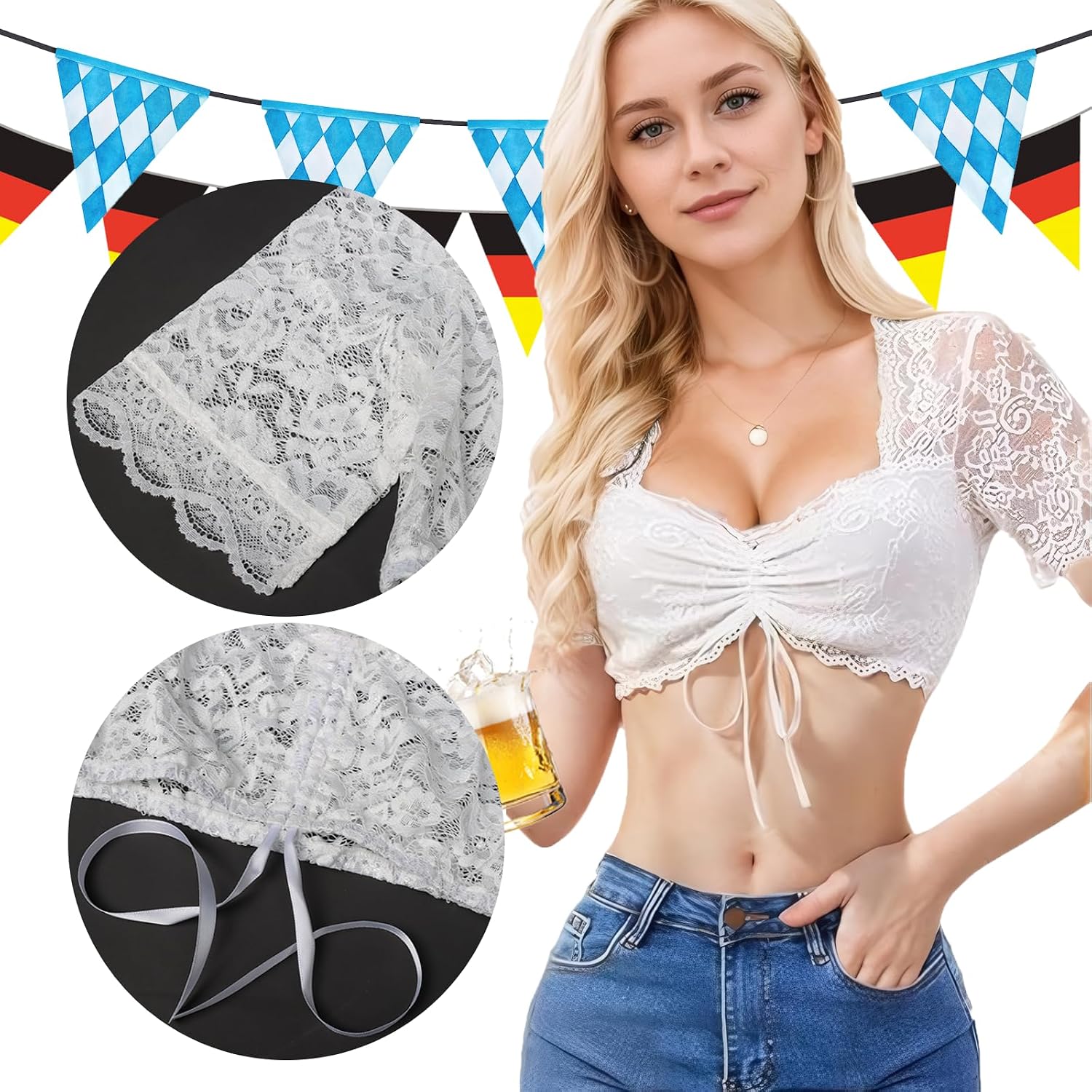 Thumbnail 3 de Ahigh Dirndlbluse Damen Spitze in Weiß – elegante Bluse mit V-Ausschnitt fürs Dirndl