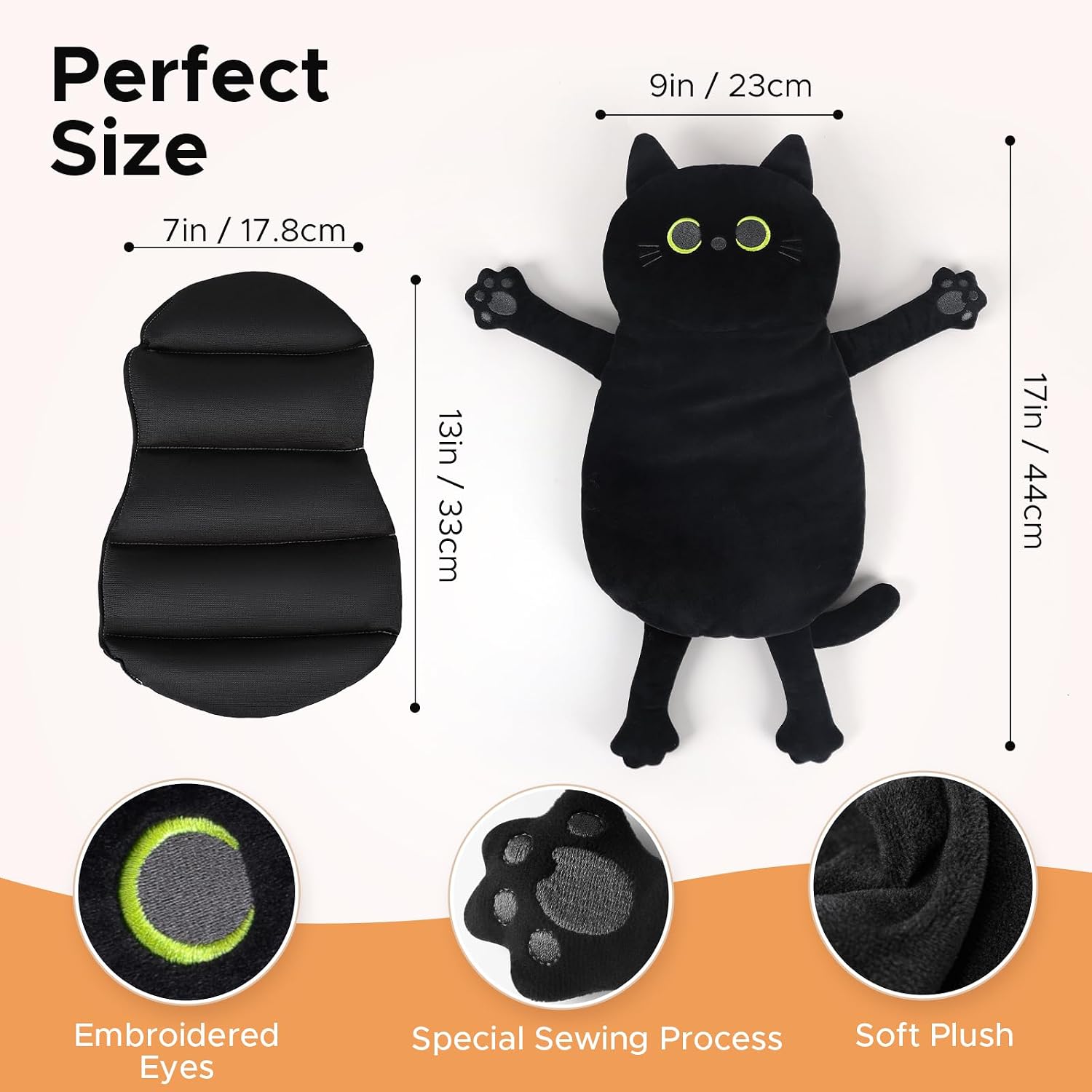 Detalle de Cuckool Black Cat Microwave Heating Pad, 17" x 9", Flaxseed Insert